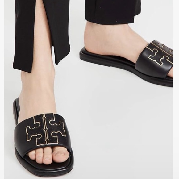 Tory Burch Shoes - Sz 8.5 Tory Burch Double T Sport Slide Sandals  Black & Silver